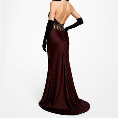 Vintage Brown Silk Cutout Beaded Halter Maxi Prom Dress Size S