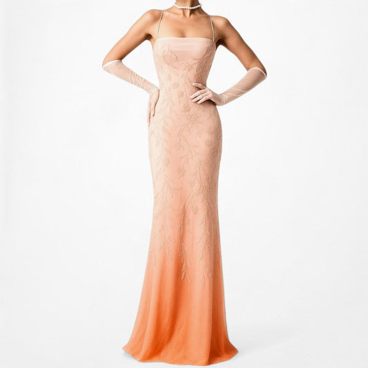 Vintage Orange Ombre Floral Beaded Bodycon Maxi Prom Dress Size XS