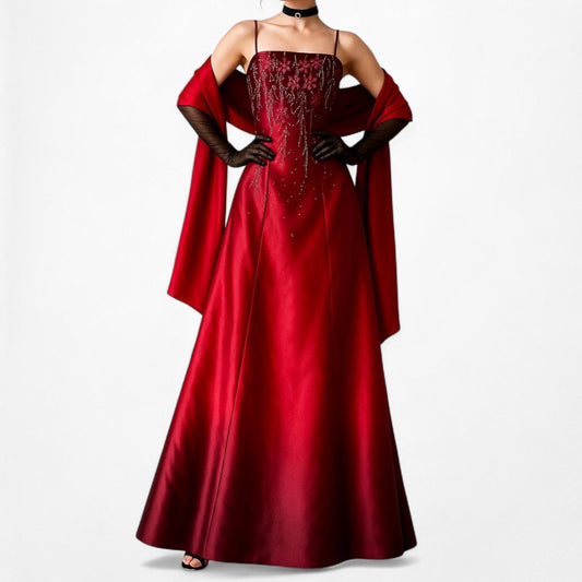 Vintage Burgundy Red Floral Beaded Glitter Ombre Flared Maxi Prom Dress Size M