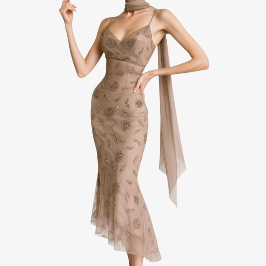 Vintage Y2K Brown Floral Beaded Mesh Asymmetric Ruffle Midi Dress Size S