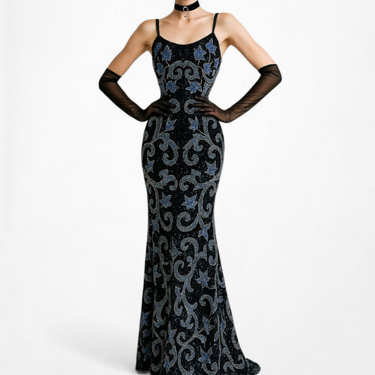 Vintage Black Blue Floral Beaded Silk Bodycon Maxi Prom Dress Size M