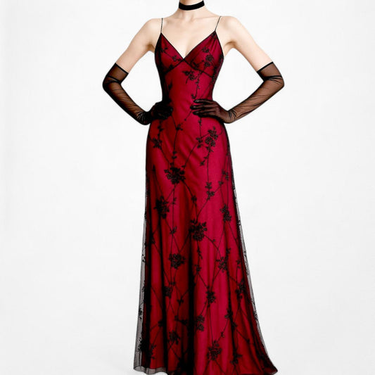 Vintage Burgundy Red Floral Velvet Beaded Mesh Bodycon Maxi Dress Size M/L