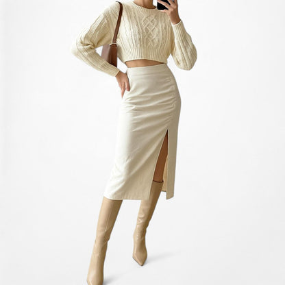 Mango Cream High Waisted Side Slit Knee Length Bodycon Pencil Skirt Size XS/S