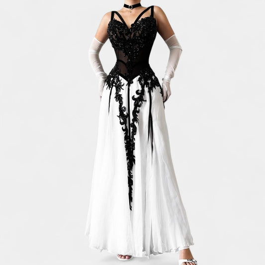 Vintage Y2K Black White Beaded Corset Mesh Sheer Midi Flared Prom Dress Size S