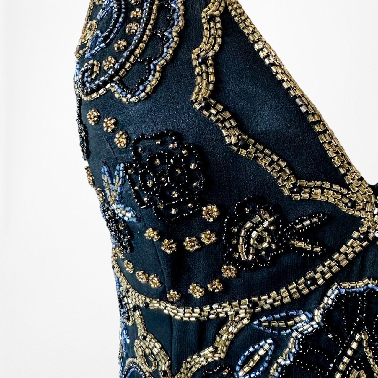 Vintage Y2K Black Navy Silk Beaded Halter Bodycon Maxi Prom Dress Size M