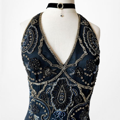 Vintage Y2K Black Navy Silk Beaded Halter Bodycon Maxi Prom Dress Size M