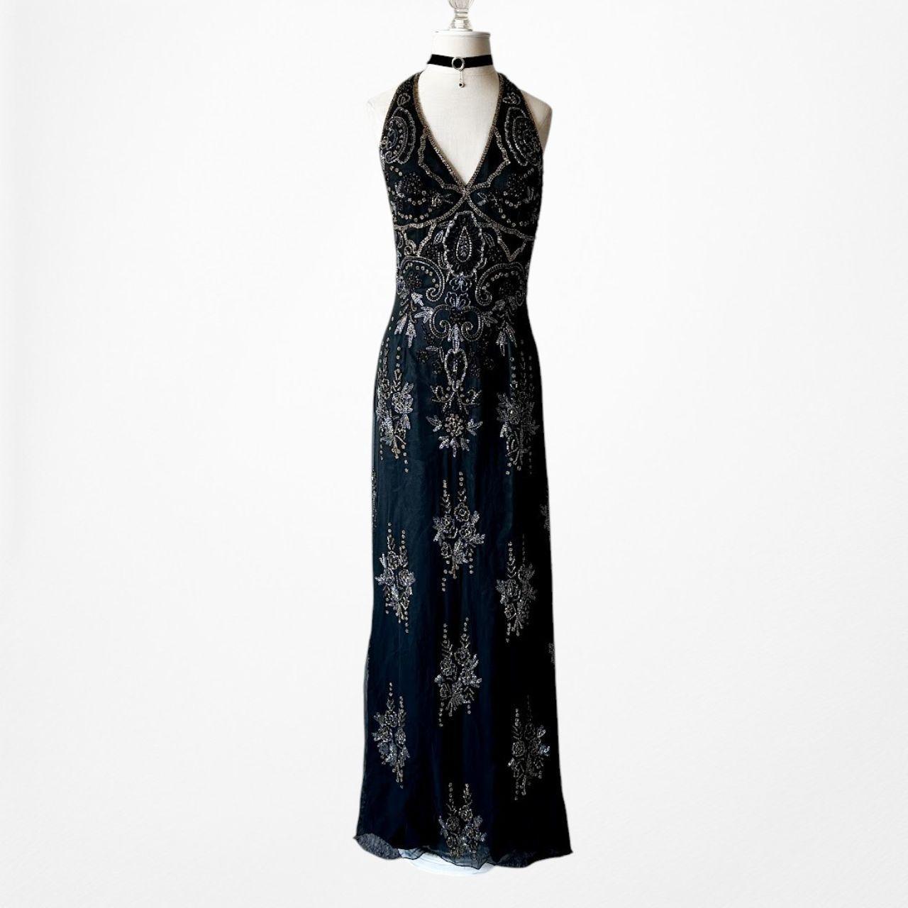 Vintage Y2K Black Navy Silk Beaded Halter Bodycon Maxi Prom Dress Size M