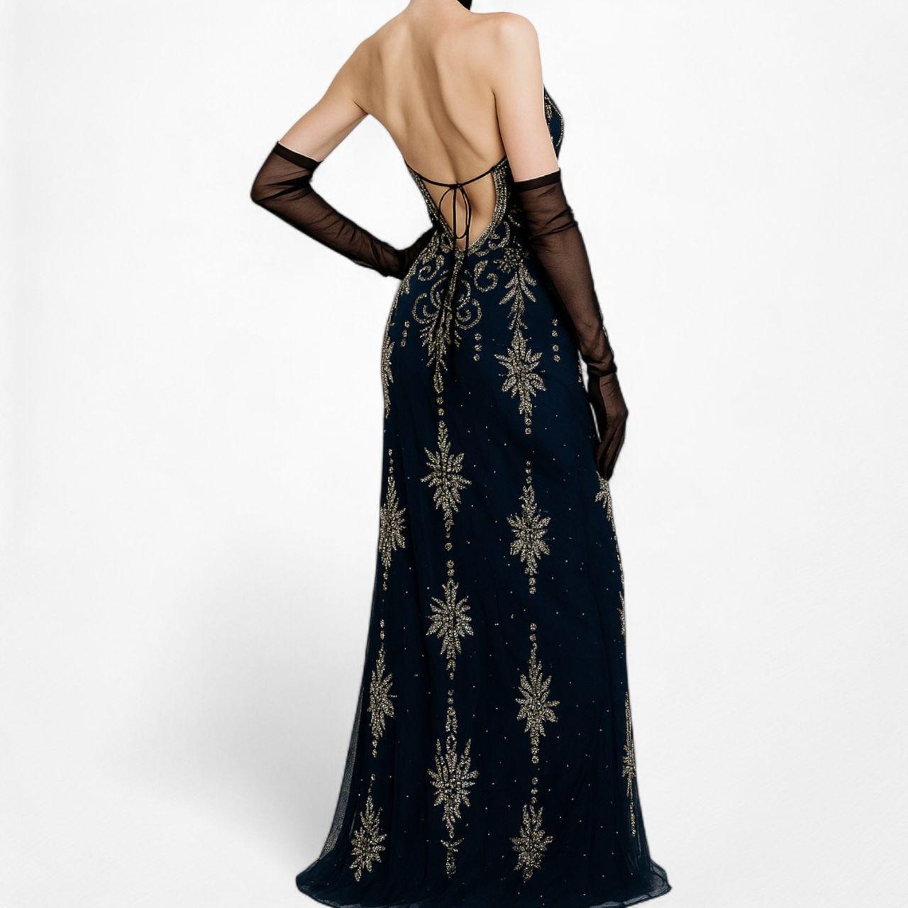 Vintage Y2K Black Navy Silk Beaded Halter Bodycon Maxi Prom Dress Size M