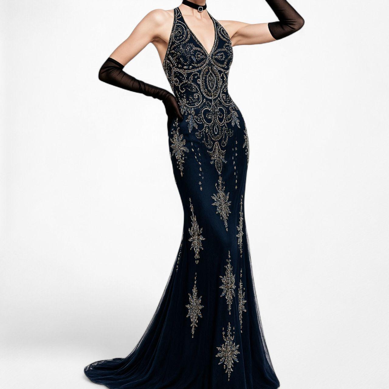 Vintage Y2K Black Navy Silk Beaded Halter Bodycon Maxi Prom Dress Size M