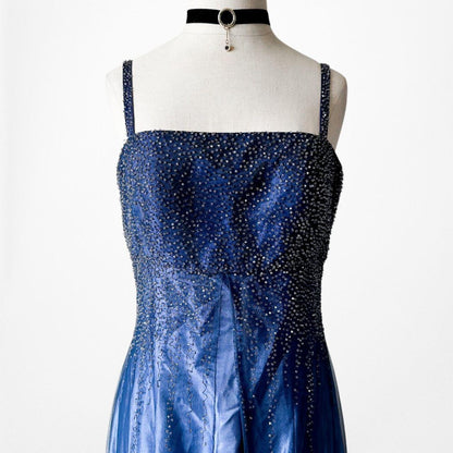 Vintage Y2K Blue Satin Ombre Beaded Babydoll Prom Dress Size M