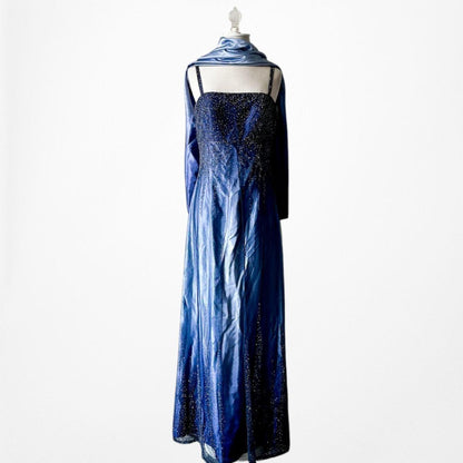 Vintage Y2K Blue Satin Ombre Beaded Babydoll Prom Dress Size M