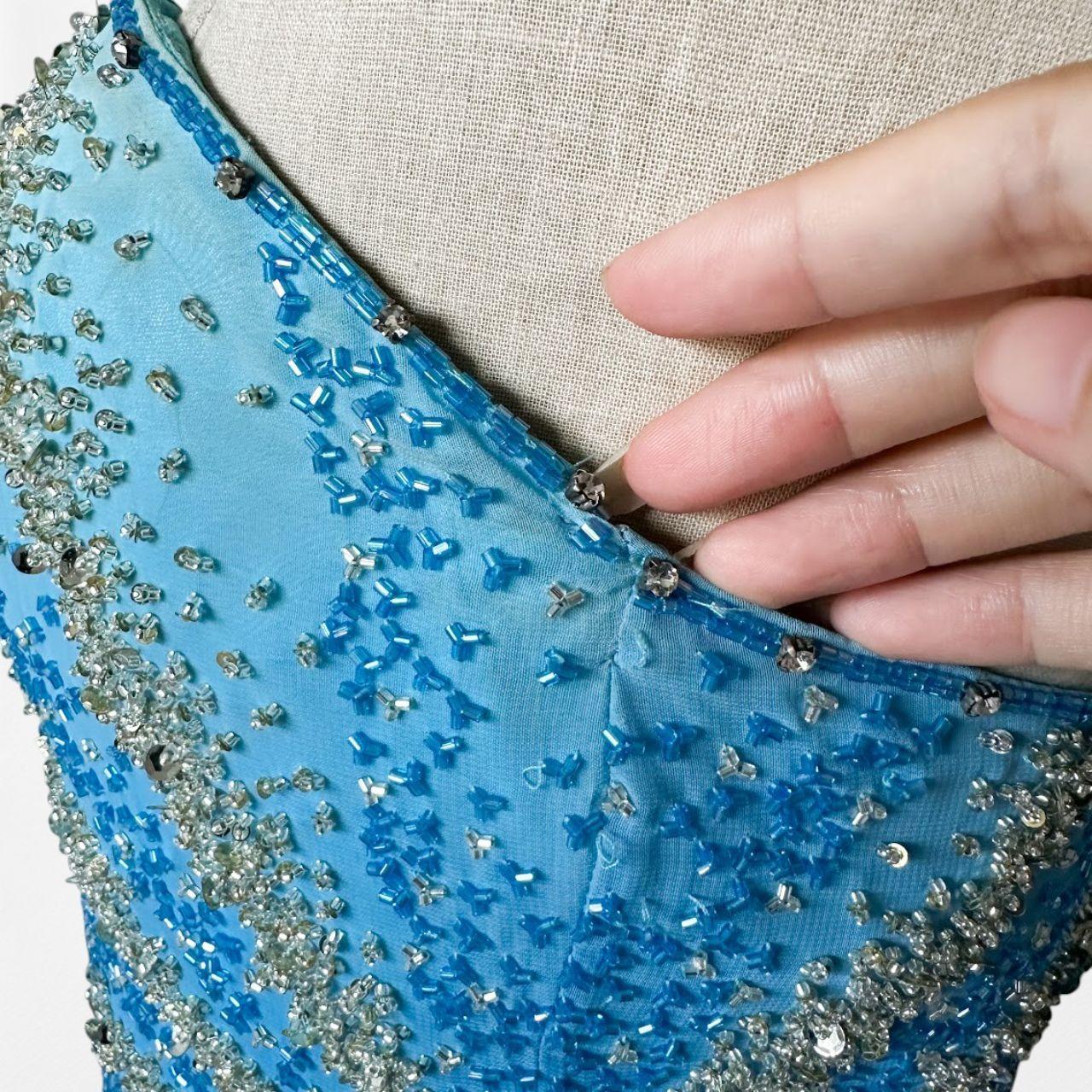 Vintage Y2K Blue Ombre Beaded Strapless Bodycon Maxi Prom Dress Size S/M