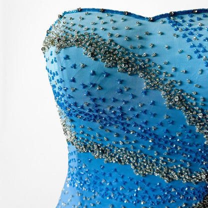 Vintage Y2K Blue Ombre Beaded Strapless Bodycon Maxi Prom Dress Size S/M