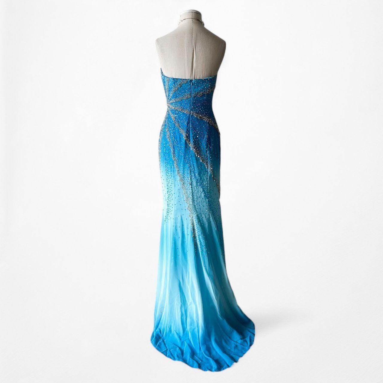 Vintage Y2K Blue Ombre Beaded Strapless Bodycon Maxi Prom Dress Size S/M
