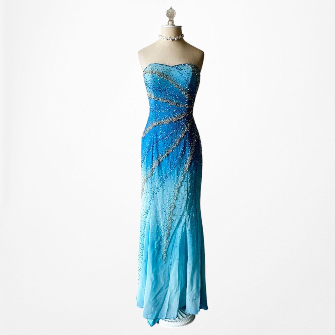 Vintage Y2K Blue Ombre Beaded Strapless Bodycon Maxi Prom Dress Size S/M
