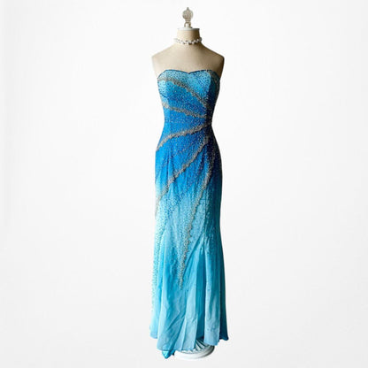 Vintage Y2K Blue Ombre Beaded Strapless Bodycon Maxi Prom Dress Size S/M