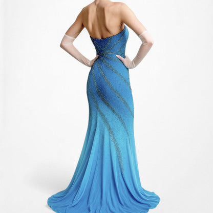 Vintage Y2K Blue Ombre Beaded Strapless Bodycon Maxi Prom Dress Size S/M