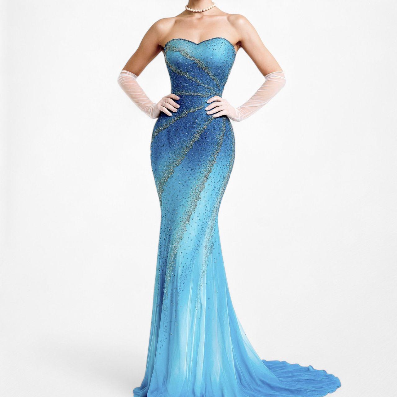 Vintage Y2K Blue Ombre Beaded Strapless Bodycon Maxi Prom Dress Size S/M