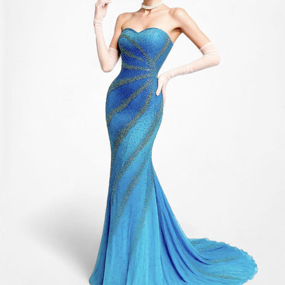 Vintage Y2K Blue Ombre Beaded Strapless Bodycon Maxi Prom Dress Size S/M