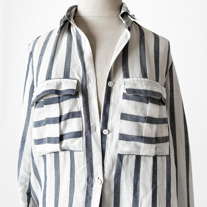 Vintage Y2K Striped White Blue Button Down Front Shirt Top Size XS/S