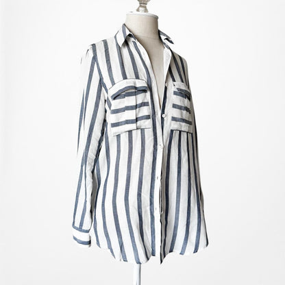 Vintage Y2K Striped White Blue Button Down Front Shirt Top Size XS/S