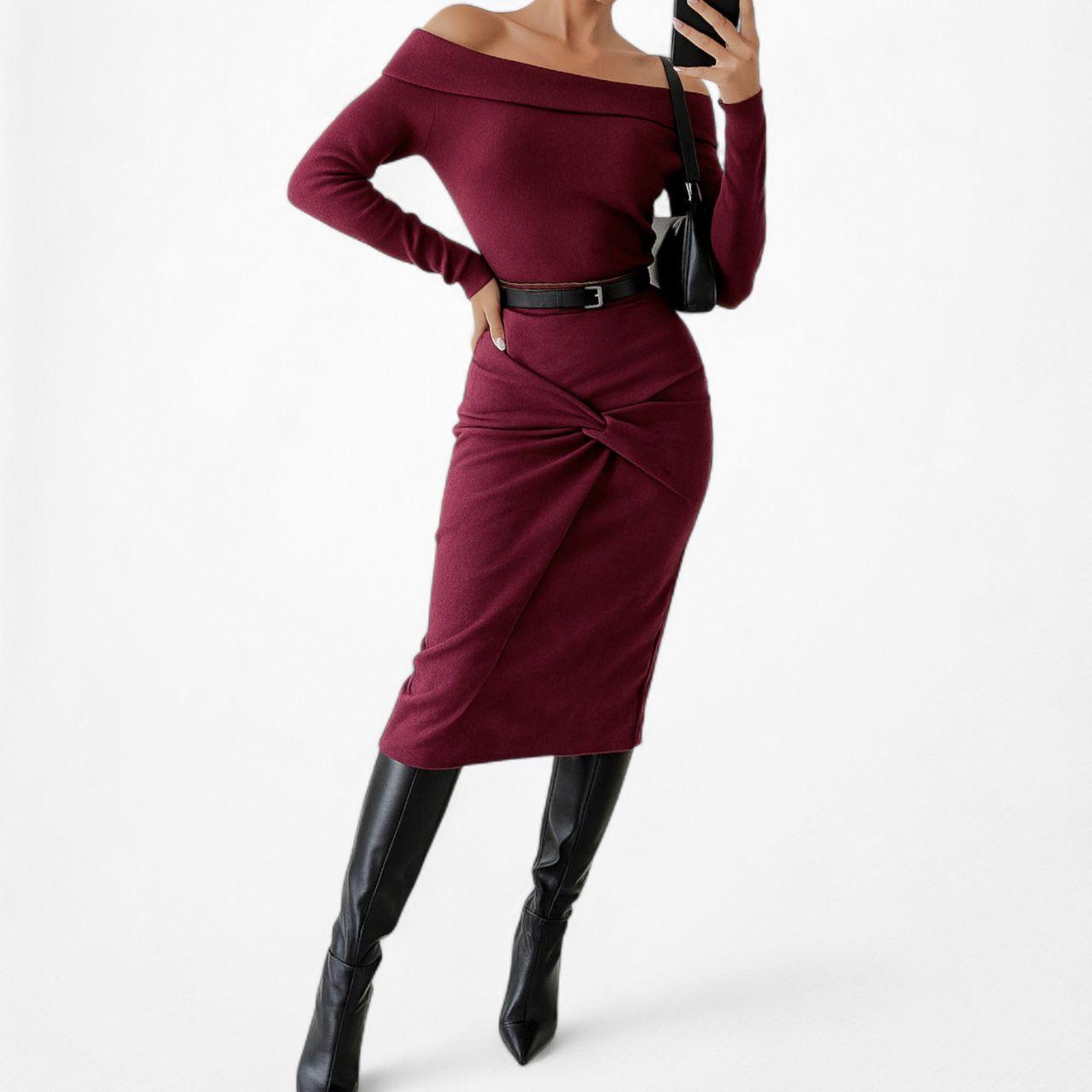 Vintage Y2K Burgundy Red Suede Felt Knee Length Bodycon Pencil Skirt Size M/L