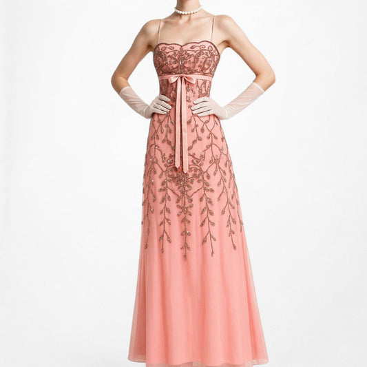 Vintage Y2K Salmon Pink Knit Mesh Floral Beaded Babydoll Maxi Prom Dress Size M