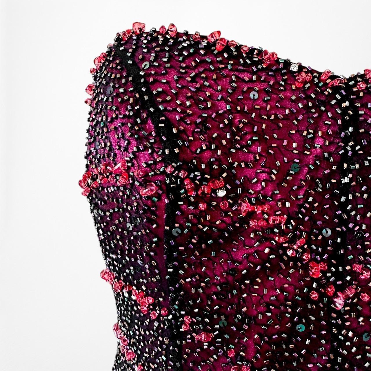 Vintage Y2K Pink Beaded Mesh Slit Front Fit Flared Maxi Prom Dress Size S