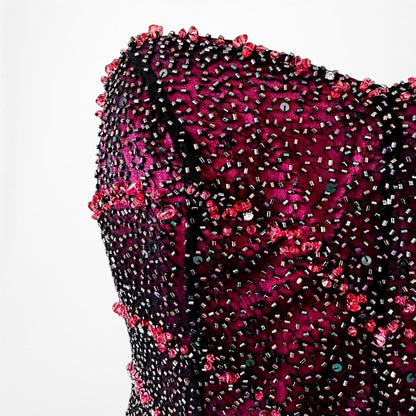 Vintage Y2K Pink Beaded Mesh Slit Front Fit Flared Maxi Prom Dress Size S