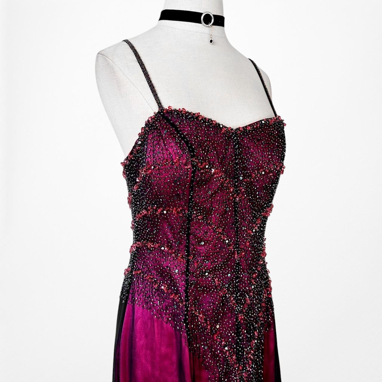 Vintage Y2K Pink Beaded Mesh Slit Front Fit Flared Maxi Prom Dress Size S