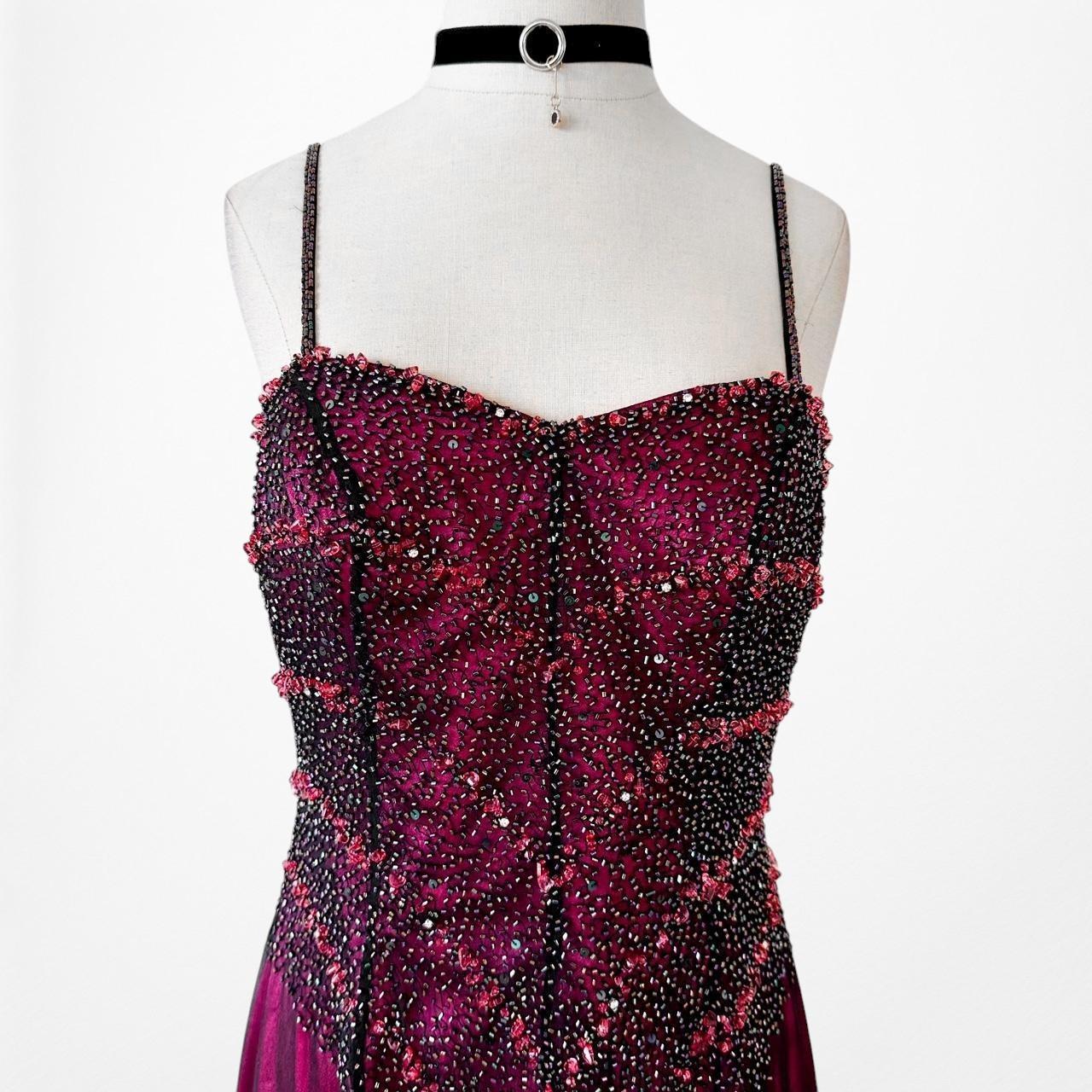 Vintage Y2K Pink Beaded Mesh Slit Front Fit Flared Maxi Prom Dress Size S