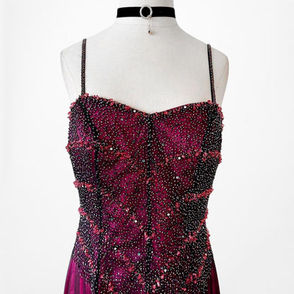 Vintage Y2K Pink Beaded Mesh Slit Front Fit Flared Maxi Prom Dress Size S