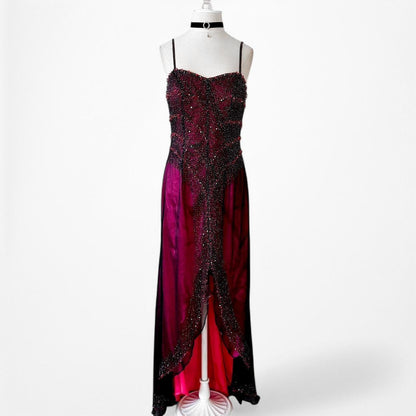 Vintage Y2K Pink Beaded Mesh Slit Front Fit Flared Maxi Prom Dress Size S