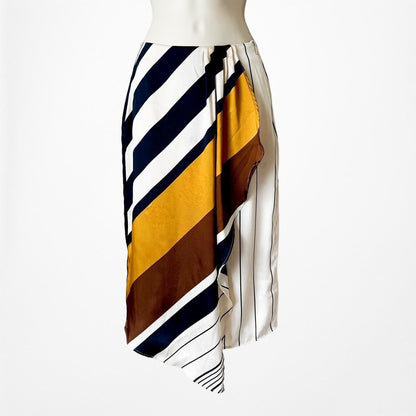 Vintage Y2K Yellow White Striped Asymmetric Wrap Knee Length Skirt Size XS/S