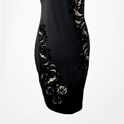 Vintage Y2K Black Knit Gold Embellished Knee Length Bodycon Dress Size M