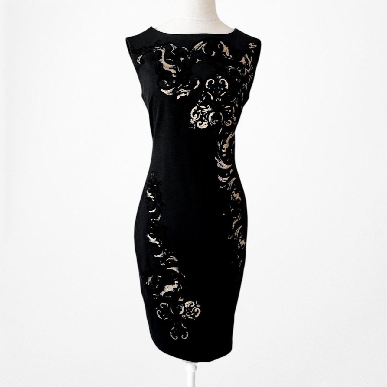 Vintage Y2K Black Knit Gold Embellished Knee Length Bodycon Dress Size M