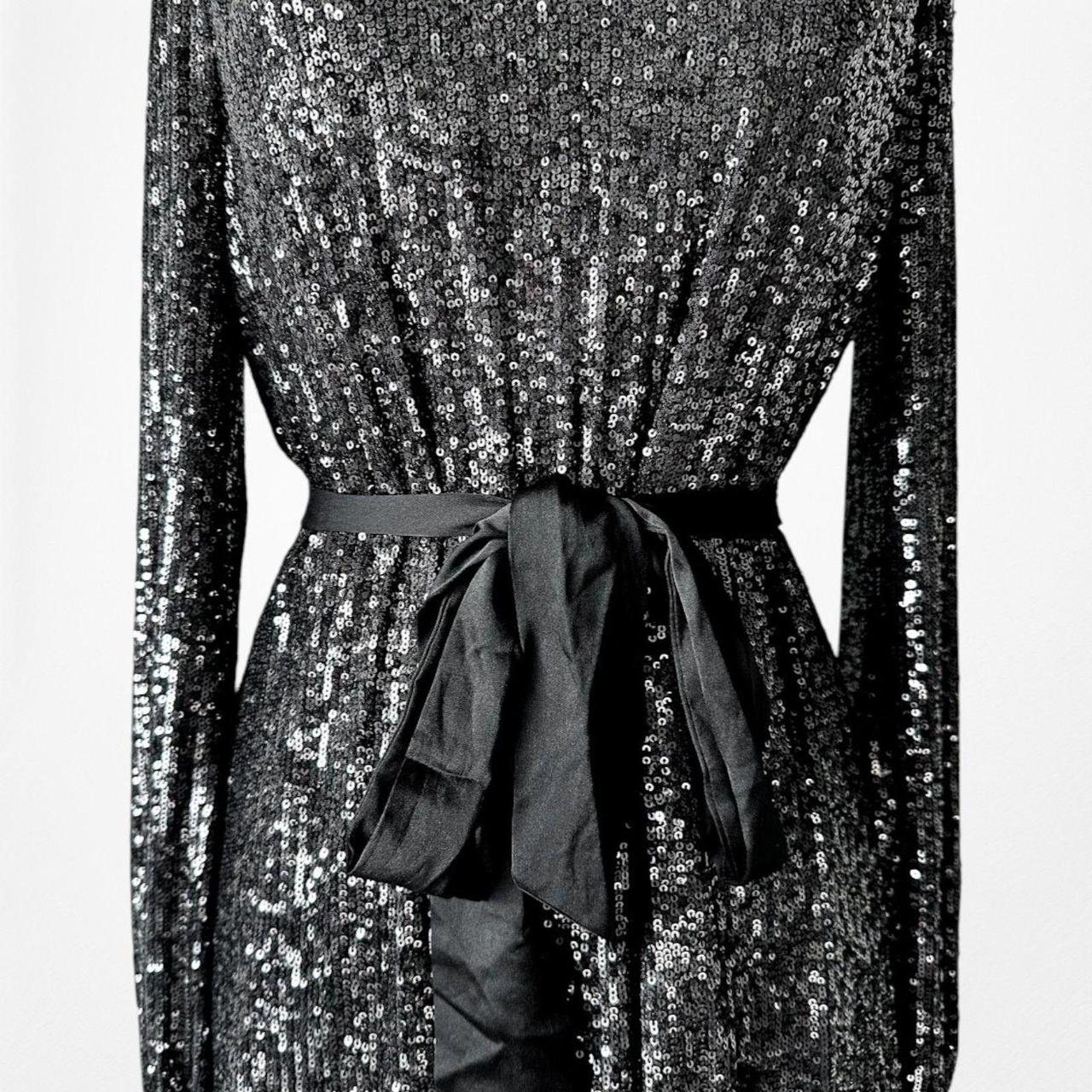 Vintage Y2K Black Long Sleeve Sequin Knee Length Tied Waist Dress Size M
