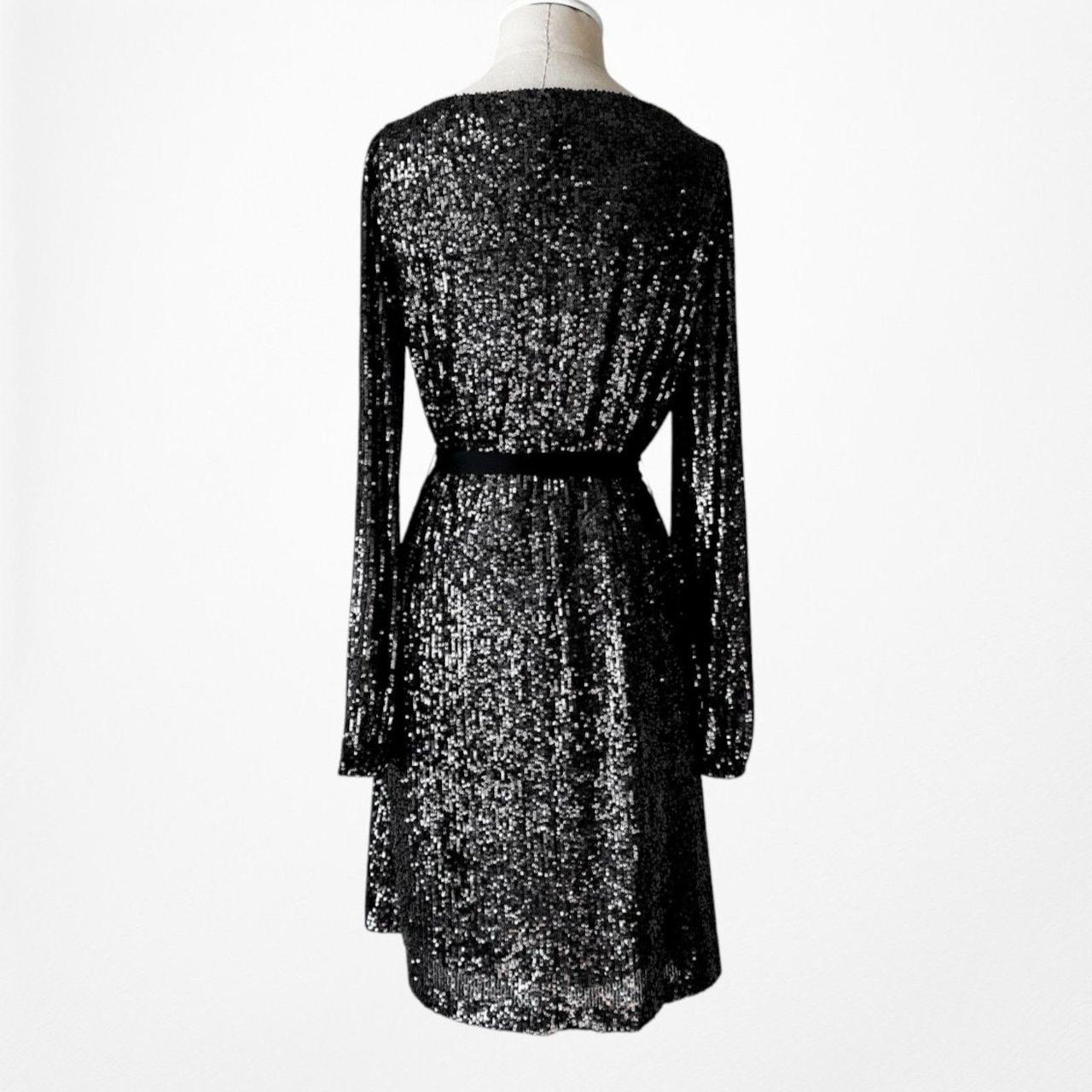 Vintage Y2K Black Long Sleeve Sequin Knee Length Tied Waist Dress Size M