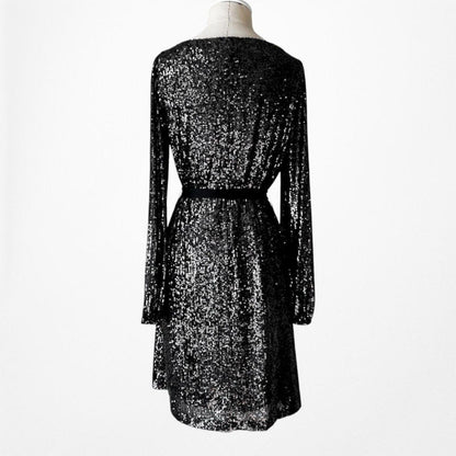 Vintage Y2K Black Long Sleeve Sequin Knee Length Tied Waist Dress Size M
