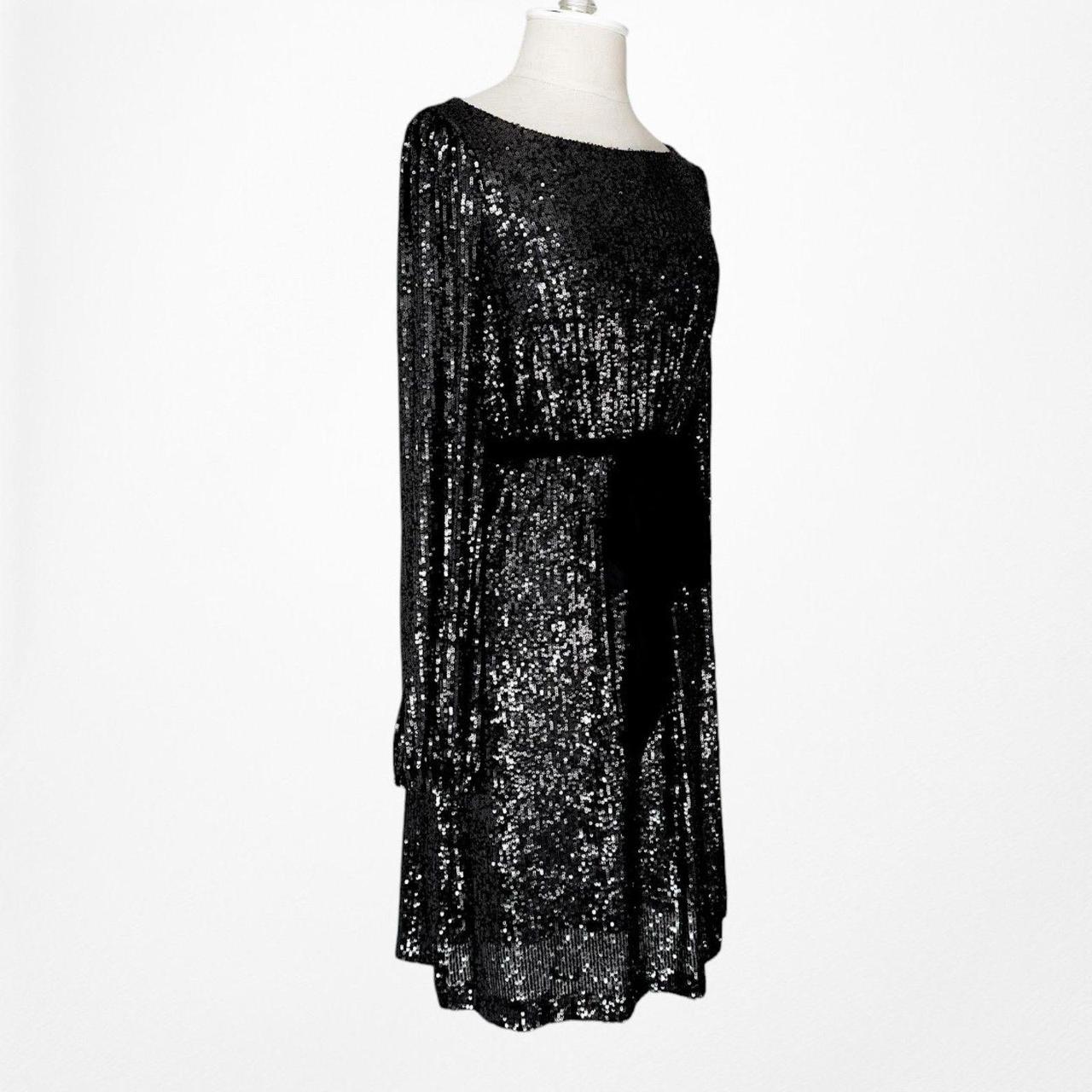 Vintage Y2K Black Long Sleeve Sequin Knee Length Tied Waist Dress Size M