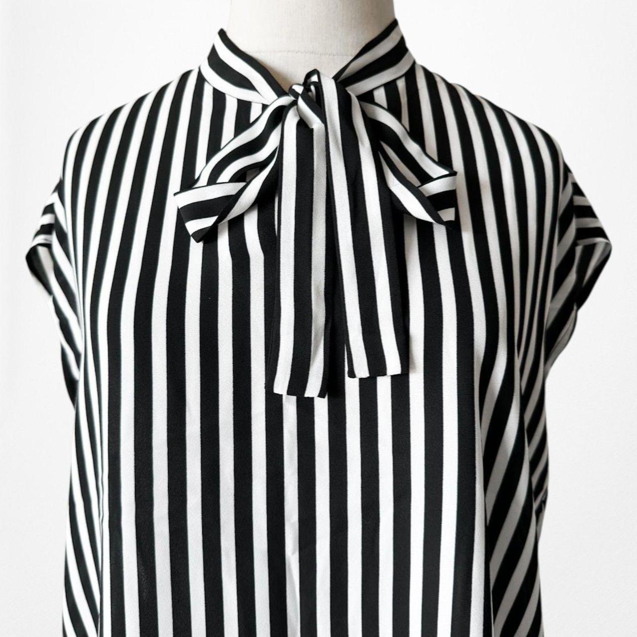 Vintage Y2K Black White Bow Tie Capped Sleeve Striped Blouse Top Size S/M