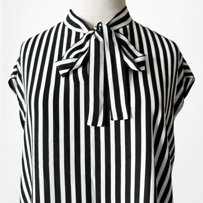 Vintage Y2K Black White Bow Tie Capped Sleeve Striped Blouse Top Size S/M