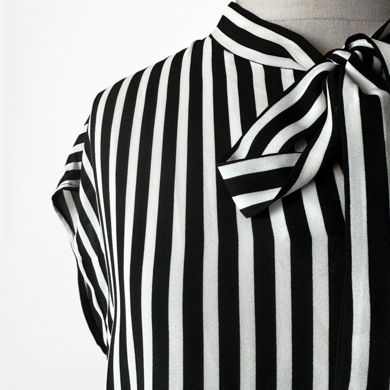 Vintage Y2K Black White Bow Tie Capped Sleeve Striped Blouse Top Size S/M