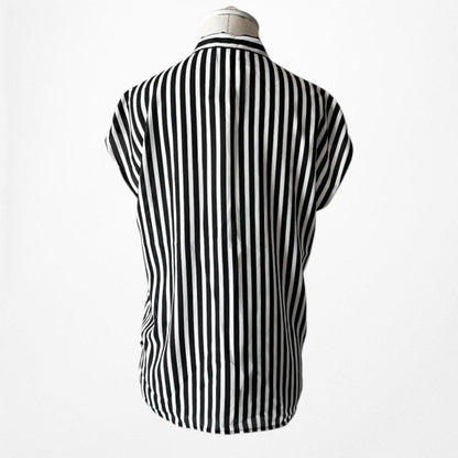 Vintage Y2K Black White Bow Tie Capped Sleeve Striped Blouse Top Size S/M
