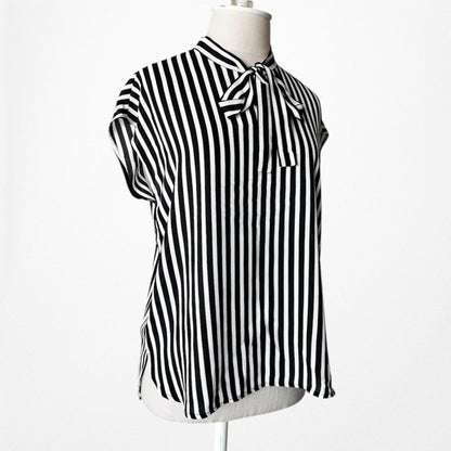 Vintage Y2K Black White Bow Tie Capped Sleeve Striped Blouse Top Size S/M