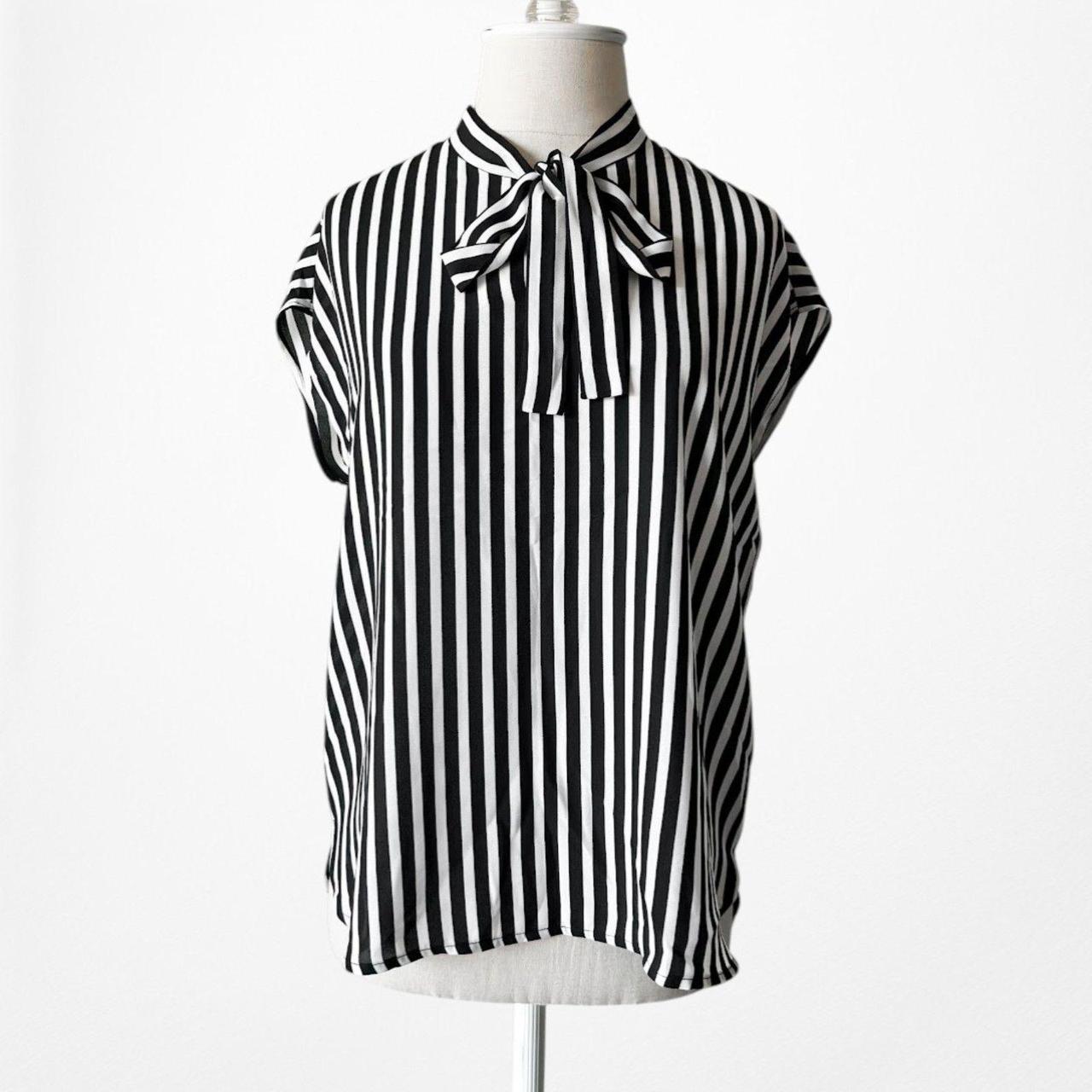Vintage Y2K Black White Bow Tie Capped Sleeve Striped Blouse Top Size S/M