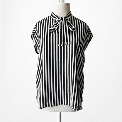 Vintage Y2K Black White Bow Tie Capped Sleeve Striped Blouse Top Size S/M
