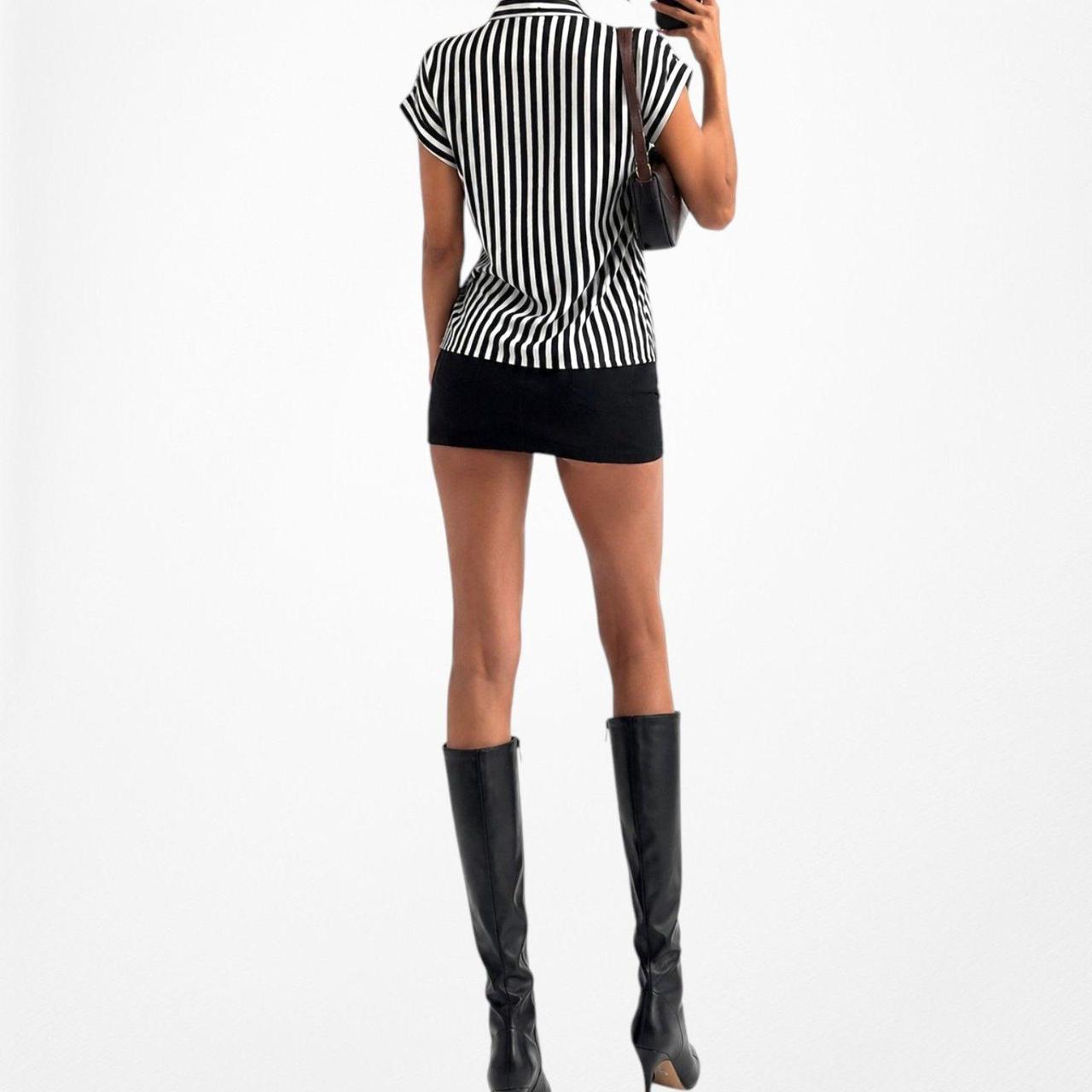 Vintage Y2K Black White Bow Tie Capped Sleeve Striped Blouse Top Size S/M