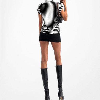 Vintage Y2K Black White Bow Tie Capped Sleeve Striped Blouse Top Size S/M
