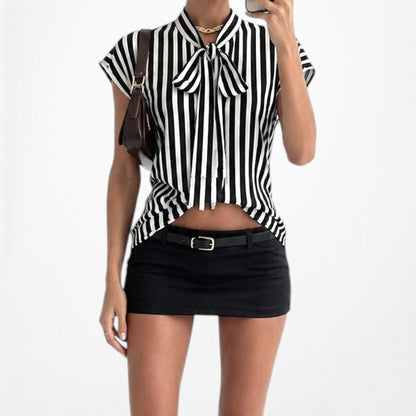 Vintage Y2K Black White Bow Tie Capped Sleeve Striped Blouse Top Size S/M